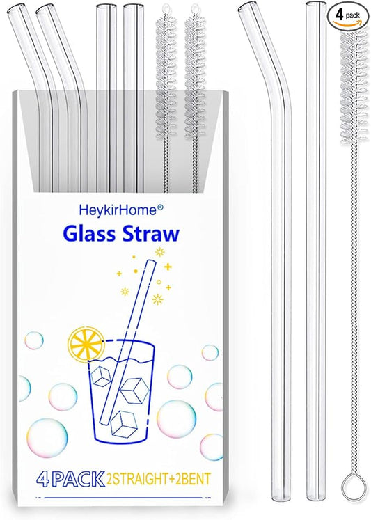 4-Pack Reusable Glass Straw, Size 8.5''x10 MM,Including 2 Straight and 2 Bent with 2 Cleaning Brush- Perfect For Smoothies, Tea, Juice