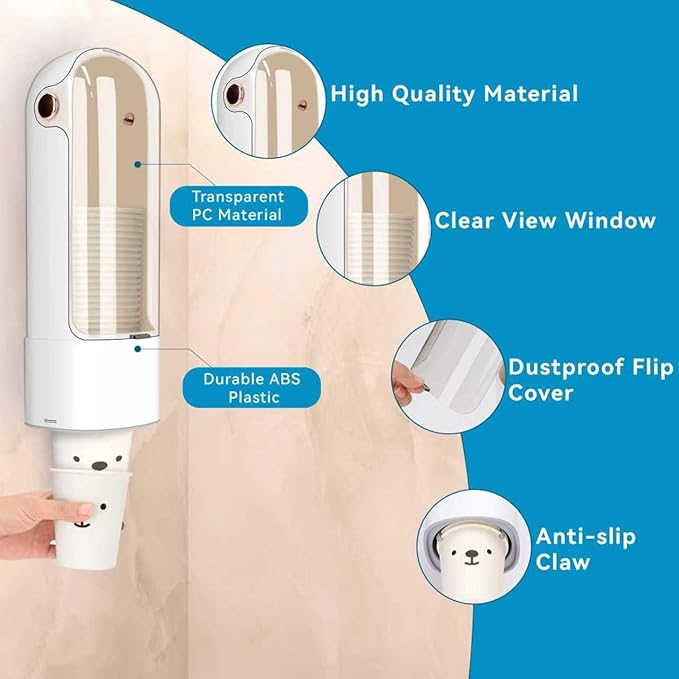 Cup Dispenser, Disposable Cup Holder for 5-7 oz Paper Cups and Plastic Cups, Wall Mount Water Cooler Cup Holder for Bathroom Office Home Gym, Pull Type Water Cup Dispenser with Clear Window - White