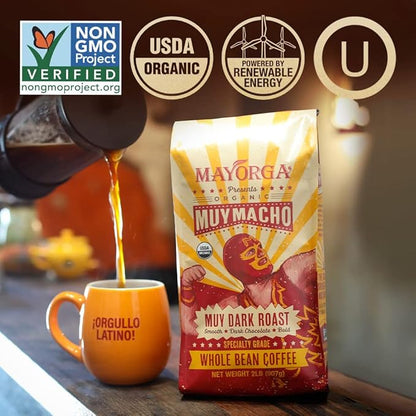 Mayorga Intense Dark Roast Coffee, 5 lb bag - Muy Macho Blend, the World's Strongest Organic Coffee - 100% Arabica Whole Coffee Beans - Bold Flavor - Specialty Grade, Non-GMO, Direct Trade