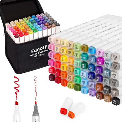 Funoff Alcohol Markers, 60 Colors Fine & Chisel Dual Tip Art Markers, Permanent Sketch Marker for Adult Coloring, Drawing, Sketching, Illustration