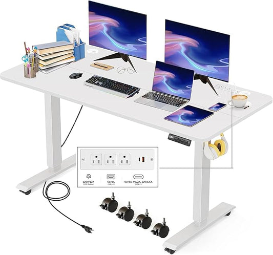 Electric Standing Desk 55 x 24 Inches Adjustable Height Sit Stand Up Desk for Home Office Computer Workstation with 2 USB Ports 3 AC Power Outlets Memory Preset and Wheels, White