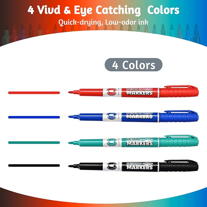 Dry Erase Markers, Fine Tip Whiteboard Markers, Low Odor Dry Marker, Fine Point Marker are pecfect for Whiteboard Mirrors Glass, 36 pack 4 Assorted Color Markers for School Office Home