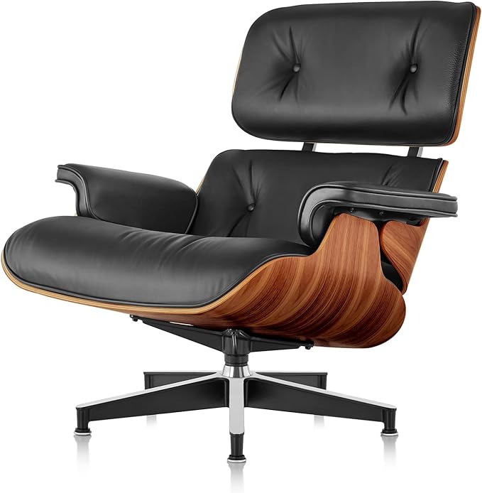Mid Century Chaise Lounge Chair with Ottoman, Top Black Grain Leather, Modern Office Chair Classic Design, Heavy Duty Base Support for Living Room Study Lounge Office