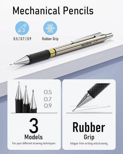 Nicpro 35PCS Gold Art Mechanical Pencils Set, 3 PCS Metal Drafting Pencil 0.5 mm & 0.7 mm & 0.9 mm & 3 PCS 2mm Lead Holder (6B 4B 2B HB 2H 4H Colors) For Sketching Drawing