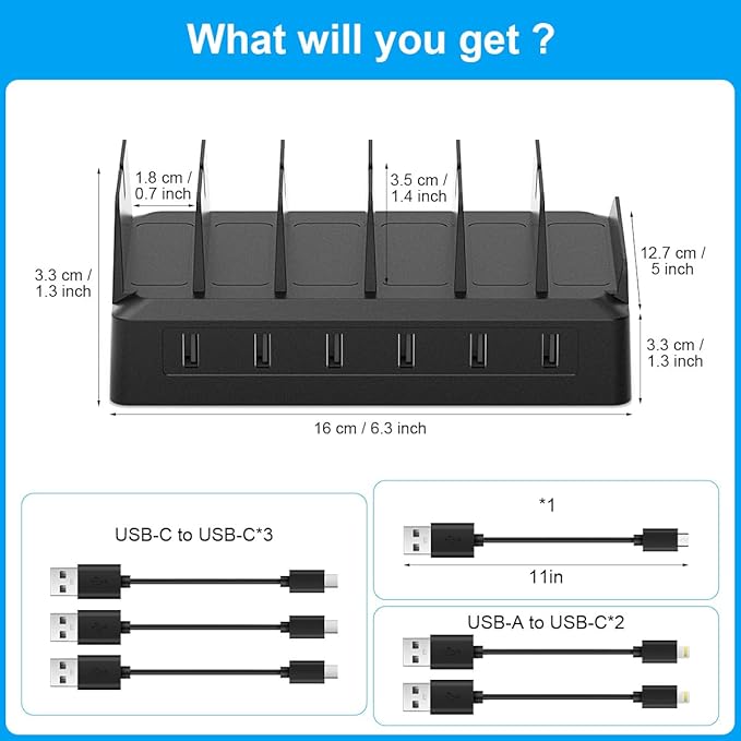 Charging Station for Multiple Devices, 6 Port USB Charger with Holder Stand and Cables for iPad, Apple, Android, Tablet, Office Desk Charging Dock Storage Organizer (Black)