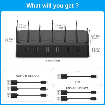 Charging Station for Multiple Devices, 6 Port USB Charger with Holder Stand and Cables for iPad, Apple, Android, Tablet, Office Desk Charging Dock Storage Organizer (Black)