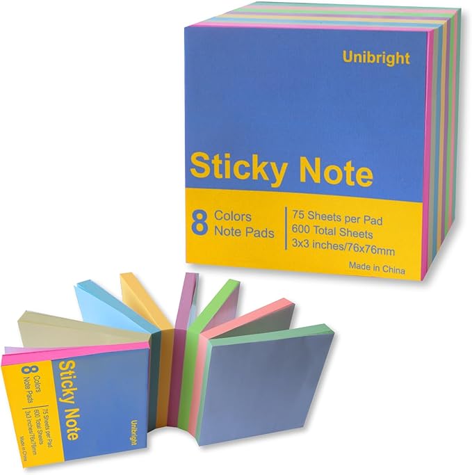 Sticky Notes 3x3 in, 8 Pads, 75 Sheets/Pad, Use as Bright Colors Self-Stick Pads, Note Taking Sticky Note Pads, Recyclable, Easy to Post for Home, Office, Notebook
