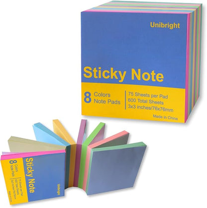 Sticky Notes 3x3 in, 8 Pads, 75 Sheets/Pad, Use as Bright Colors Self-Stick Pads, Note Taking Sticky Note Pads, Recyclable, Easy to Post for Home, Office, Notebook