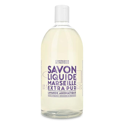 Compagnie de Provence Savon de Marseille Extra Pure Liquid Soap - Aromatic Lavender - 16.7 Fl Oz Glass Pump Bottle and 33.8 fl oz Plastic Bottle Refill