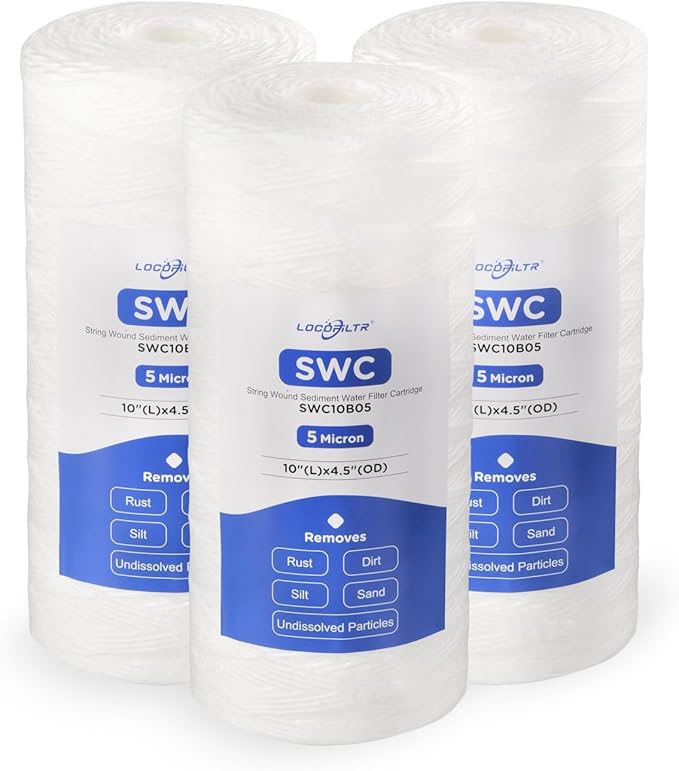 5 Micron 10" x 4.5" Whole House String Wound Sediment Well Water Filter Cartridge Replacement for CW5-BBS, WP5BB97P, 355214-43, SWC-45-1005, WPX5BB97P, PC40, PC10, RS22, 84637, CW25-BBS (Pack of 3)