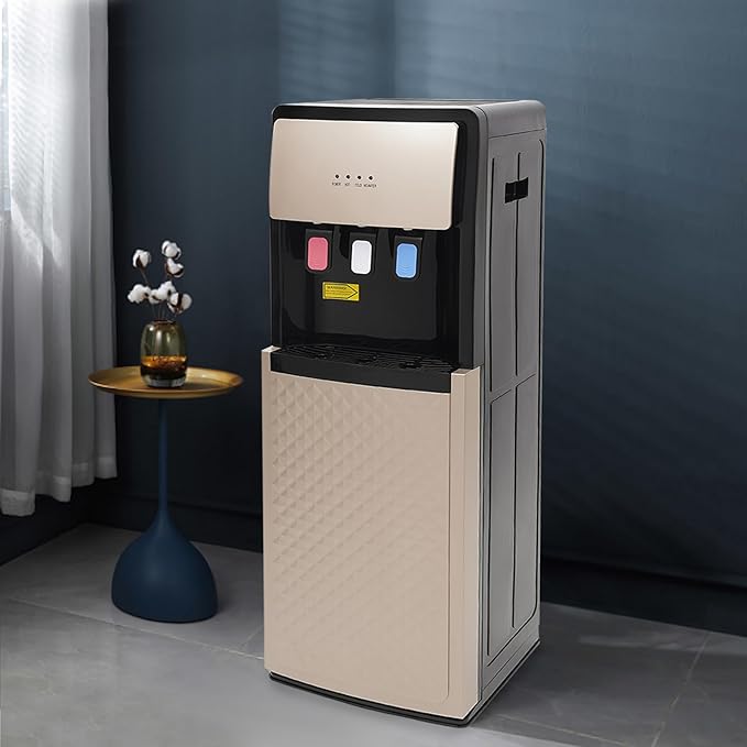 Floor Standing Water Cooler, Hot & Cold Standing Water Dispenser, Bottom Loading Water Cooler Dispenser w/ 3 Temperature Settings of Hot, Cold, Room Water for Home, Office (220V, Champaign Gold)