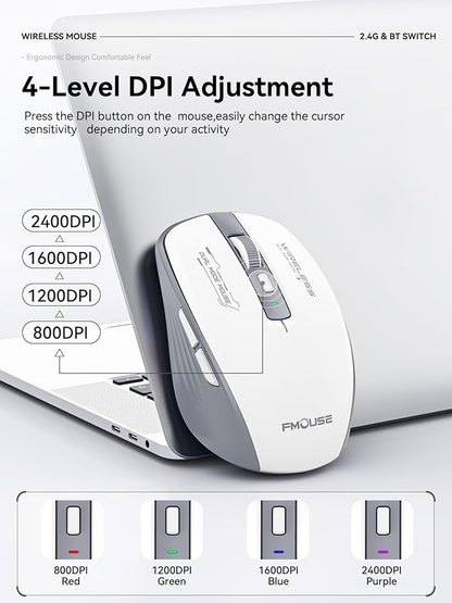 Wireless Mouse (Bluetooth & 2.4GHz USB) with Forward/Backward Side Keys, Silent Click, Ergonomic Portable AA Battery Mice for Laptop/Mac/iPad - Office & Travel Use, White & Grey