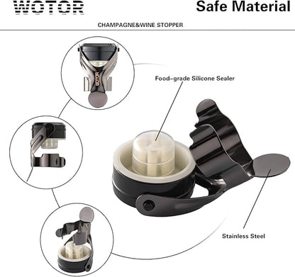 WOTOR Champagne&Wine Bottle Stoppers Stainless Steel with Food Grade Silicone, Leak Proof Keep Fresh Reusable Saver, Cork Suitable for Wine, Champagne, Cava, Prosecco and Sparkling (2 Pack Black）