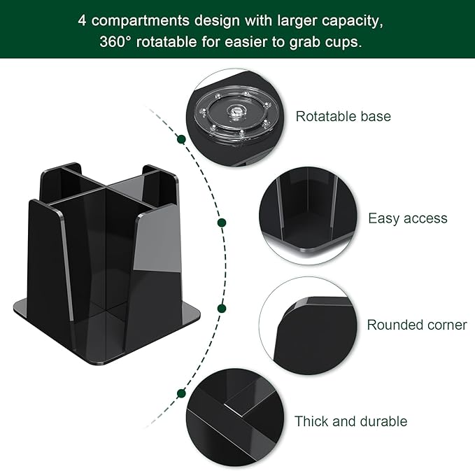 Coffee Cup Organizer for Countertop - Rotating Plastic Cup Holder 4 Compartments Black Acrylic Cup and Lid Holder for Coffee Bar Restaurant Breakroom Disposable Paper Coffee Cup Dispenser