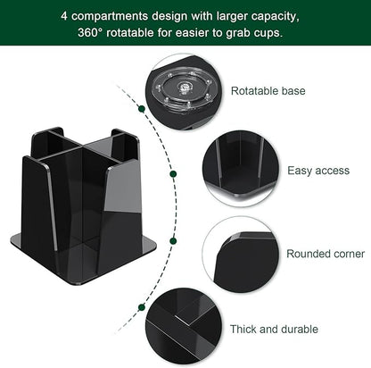 Coffee Cup Organizer for Countertop - Rotating Plastic Cup Holder 4 Compartments Black Acrylic Cup and Lid Holder for Coffee Bar Restaurant Breakroom Disposable Paper Coffee Cup Dispenser