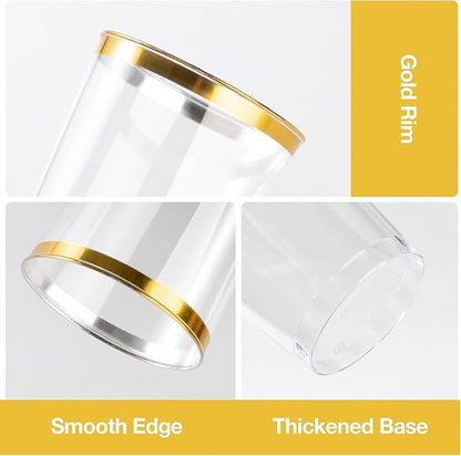 Goodluck 50PCS 12oz Gold Plastic Cups for Party, Disposable Gold Rim Cups, Plastic Cocktail Glasses for Wedding Thanksgiving, Christmas, and Parties