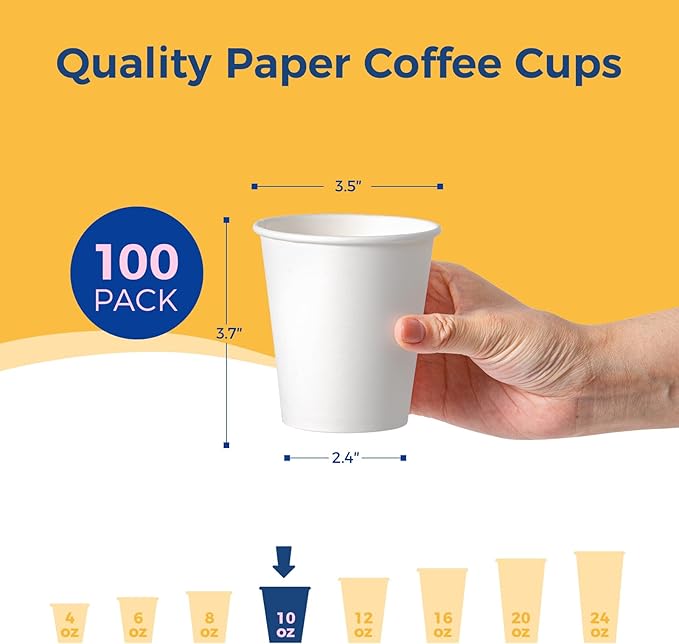 Fit Meal Prep 100 Pack 10 oz Disposable Paper Coffee Cups, Premium Hot Cups for Hot/Cold Beverage, Durable Thickened White Paper Cup Bulk for Party, Office, Bussines, Cafes, Bistros, Daily Use