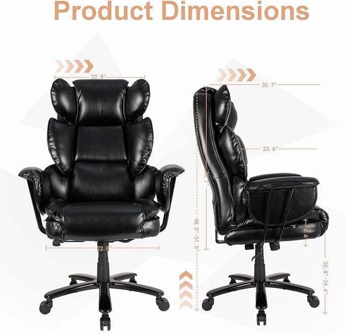 Big and Tall Office Chair 500lbs, Office Chair for Heavy People with Wide Seat and Lumbar Support, Ergonomic High Back Leather Executive Desk Chair with Clamshell Armrests - Black
