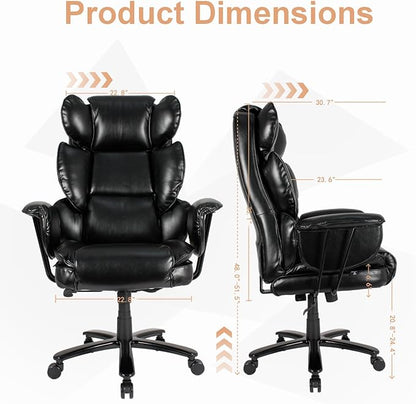 Big and Tall Office Chair 500lbs, Office Chair for Heavy People with Wide Seat and Lumbar Support, Ergonomic High Back Leather Executive Desk Chair with Clamshell Armrests - Black