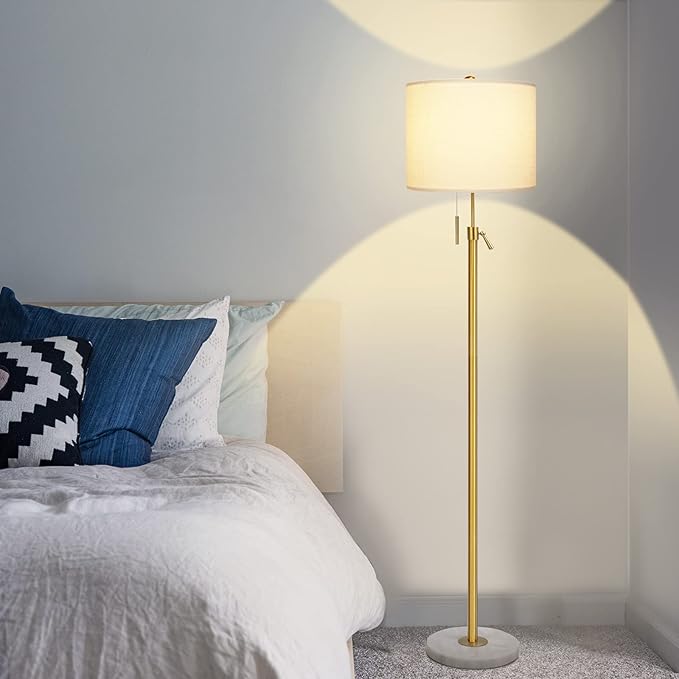 【Upgrade】 Gold Floor Lamps for Living Room, 55"-67" Height Adjustable Modern Standing Lamp with Marble Base, Pull Chain Switch, 3-Way Dimmable Tall Pole Lamp for Bedroom Office Reading, Bulb Included