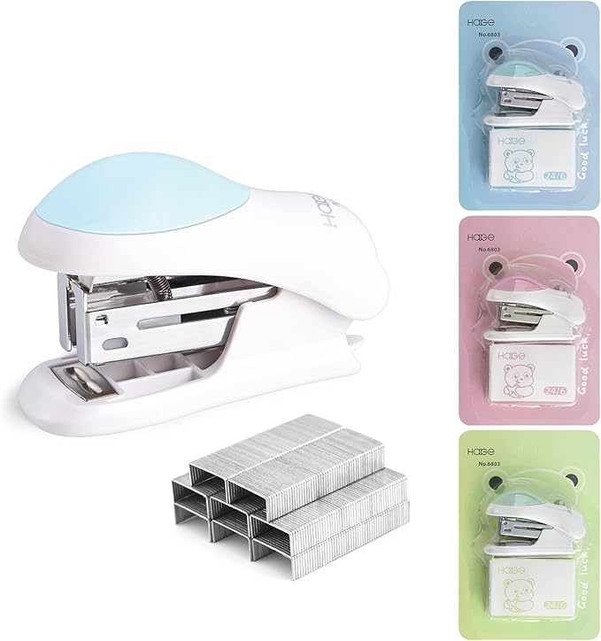 NEBURORA Mini Effortless Desktop Staplers with 400 Standard 26/6 Staples, 2-24 Sheet Capacity, Includes Built-in Staple Remover, Cute Stapler Gift for Student and Office Use, 3 Colors Options (Blue)