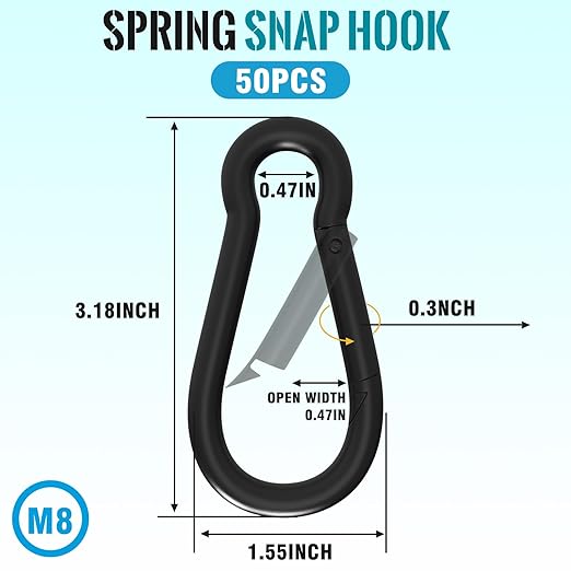 50PCS M8 Spring Snap Hook Carabiner, 3 Inch Carabiner Clip, 5/16" Black Heavy Duty Steel Spring Clip, Quick Link Key Chain for Swing Hammock Gym Outdoor, 500LBS Holding Capacity