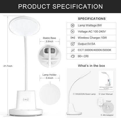 Desk Lamp for Home Office, LED Desk Lamp with Wireless Charger Pen Phone Holder, Dimmable Desk Light 3 Color Modes, College Dorm Study Lamp for College Dorm, CRI 90 800 Lumen