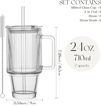 KEMORELA 4PCS 24oz Ribbed Glass Tumblers with Lids & Straws – Textured Handle Drinking Glasses for Iced Coffee, Smoothies, Cold Beverages – Reusable Clear Drinkware Set, Dishwasher Safe