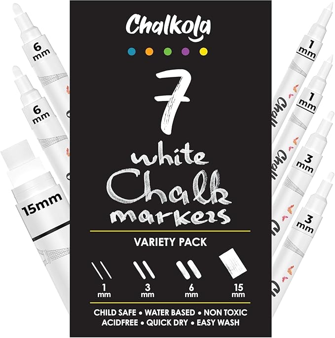 Chalkola 7 White Chalk Markers for Blackboard, Chalkboard Signs, Car Window, Bistro, Glass | Washable Fine Tip, Bold & Jumbo Size Dry Erase Liquid Chalk Pens Erasable (1mm, 3mm, 6mm, 15mm)
