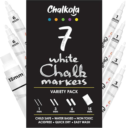 Chalkola 7 White Chalk Markers for Blackboard, Chalkboard Signs, Car Window, Bistro, Glass | Washable Fine Tip, Bold & Jumbo Size Dry Erase Liquid Chalk Pens Erasable (1mm, 3mm, 6mm, 15mm)