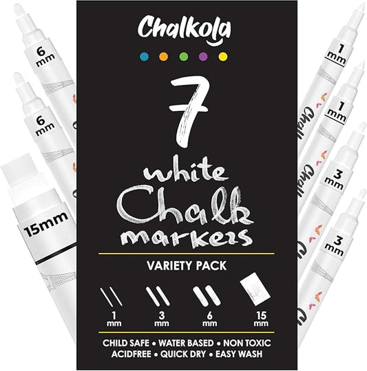 Chalkola 7 White Chalk Markers for Blackboard, Chalkboard Signs, Car Window, Bistro, Glass | Washable Fine Tip, Bold & Jumbo Size Dry Erase Liquid Chalk Pens Erasable (1mm, 3mm, 6mm, 15mm)