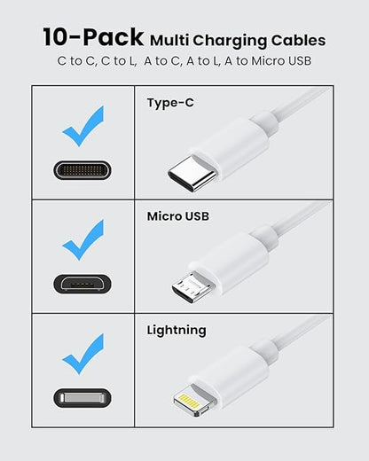 [1FT, 10-Pack] Multi Short USB Charging Cables, Fast Charge & Sync Type-C/Lightning/Micro Cords Bulk for Charging Station Compatible with iPhone16&15, iPhone5-14, iPads, iPods, Mobiles, Tablets, White
