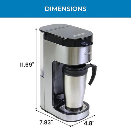 Koolatron Kenmore Single Serve Coffee Maker & Stainless Steel Travel Mug, Capsule/Pod & Ground Coffee Brewing, K Cup Compatible, Hot & Iced Coffee Machine, 6 to 14 Oz Brew Sizes, Auto Shut-Off, Black
