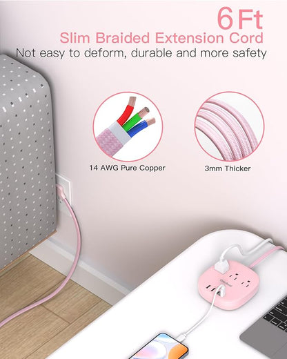 Flat Plug Power Strip, 6ft Pink Flat Extension Cord - 3 Outlets 4 USB Ports (2 USB C) 22.5W/4.5A Desktop Charging Station, Power Strip No Surge Protection for Cruise Ship, Dorm Room Travel Essentials