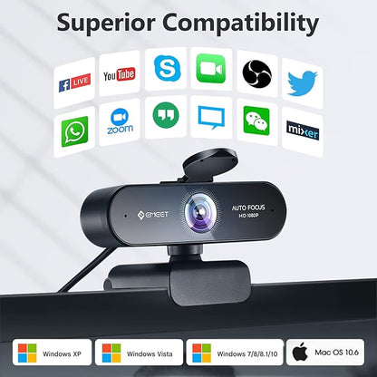 1080P Webcam with Microphone, eMeet Nova AutoFocus HD Webcam, 96°View Web Camera w/ 2 De-Noise Mics for Laptop/Desktop, Plug & Play USB Streaming Computer Camera for Conference/Calling/Teaching/Gaming