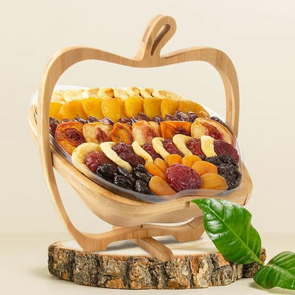 Oh! Nuts Dried Fruit Gift Basket - Gourmet Gift Baskets - Holiday Healthy Assortment Dried Fruits Gift Box - Crafted in the USA - Wooden Apple Shape Gift Tray - (Honey Beige)