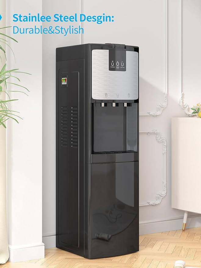 TABU Bottom Loading Water Cooler Dispenser with 3 Temperature Settings of Hot, Cold, Room Water, 3 or 5 Gallon Water Dispenser with Anti-Scalding & Child Safety Lock, Stainless Steel