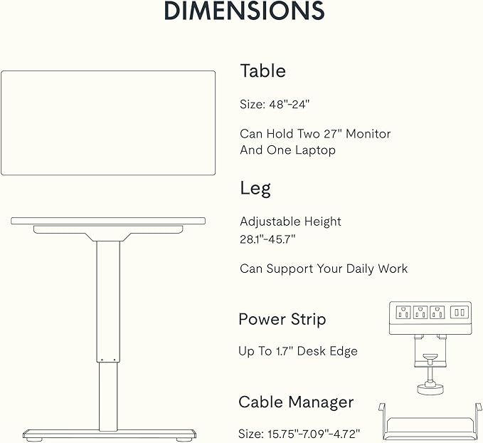 FLEXISPOT EN2 Whole-Piece Standing Desk with Clamp Power Strip, 48x24 Electric Stand Up Height Adjustable Desk with Cable Management (White Frame + 48" White Top)