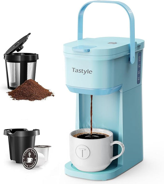 Single Serve One Cup Coffee Maker, for K Cups and Grounds, Mini Coffee Maker with Portable Handle, 6 to 12 Oz Brew Size, for Travel, Camping, Office, RV and Dorm, 120V, Aqua