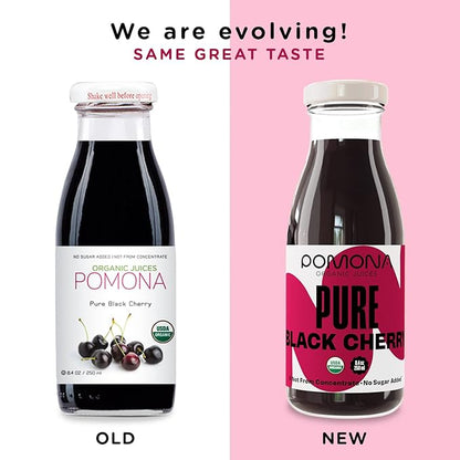 Pomona Organic Pure Black Cherry Juice, Cold Pressed Organic Juice, Non-GMO, No Sugar Added, Not from Concentrate, Gluten Free, Kosher Certified, Preservative Free 8.4 Ounce (Pack of 12),