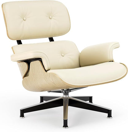 Top Cream White Grain Leather, Mid Century Chaise Lounge Chair and Ottoman, Modern Chair Classic Design, Ash Wood, Heavy Duty Base Support for Living Room Office