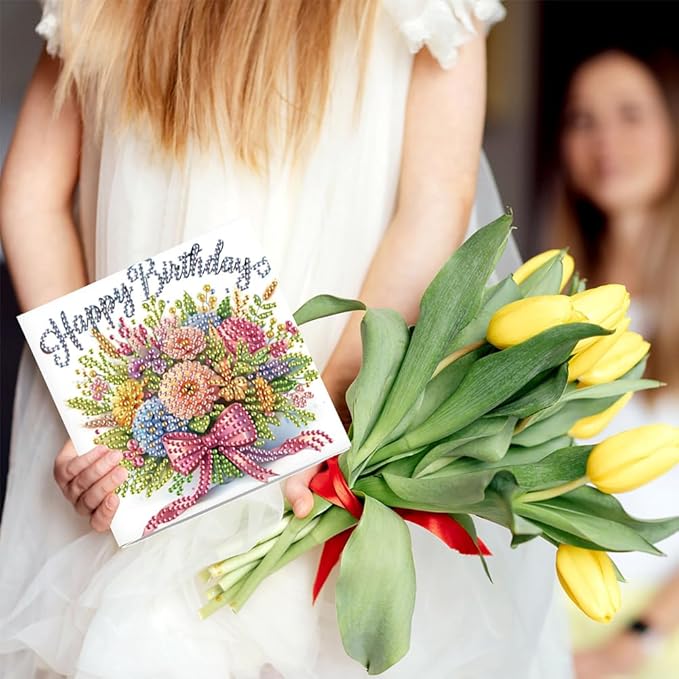 6PCS Diamond Art Painting Greeting Card Set, Bouquet Pattern DIY Cards with Envelopes for Xmas Birthdays Special Occasion Blessing