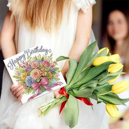 6PCS Diamond Art Painting Greeting Card Set, Bouquet Pattern DIY Cards with Envelopes for Xmas Birthdays Special Occasion Blessing