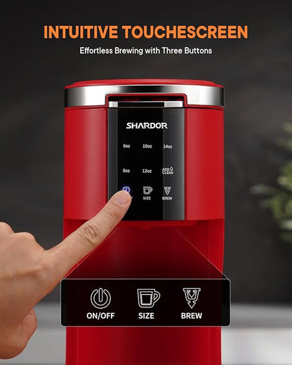 SHARDOR K Cup Coffee Maker, 3 in 1 Single Serve Coffee Maker for K Cup Pods & Ground Coffee & Teas, 6 to 14oz Brew Sizes, 40oz Detachable Water Reservoir, Compact Design, Red