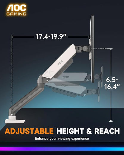 AOC AM102 Single Monitor Stand, Adjustable Monitor Arm Mount for 17–32 Inch Screens, Holds 4.4–19.8 lbs, Cable Management, Sturdy VESA 75x75/100x100 Mount with C-Clamp and Grommet Base