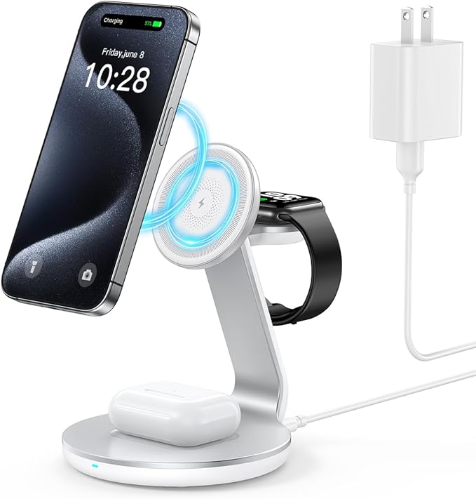 HERRBOL 3 in 1 Charging Station Compatible with Magsafe Charger Wireless Charger Stand for iPhone 17 16e 16 15 14 13 12 Wireless Charging Station for AirPods Wireless Charging Stand for iWatch Series