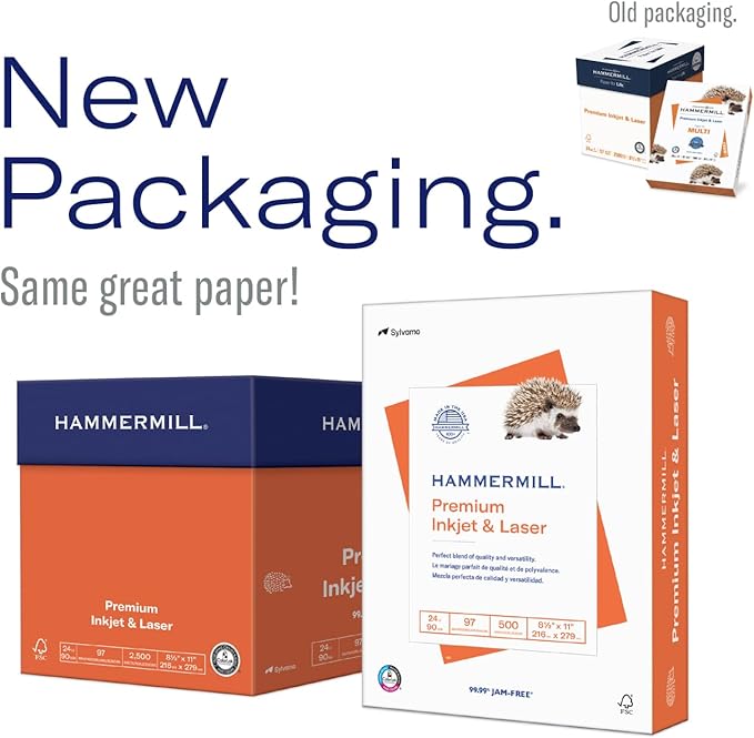Hammermill Printer Paper, Premium Inkjet & Laser Paper 24 Lb, 8.5 x 11 - 1 Ream (500 Sheets) - 97 Bright, Made in the USA, 166140R