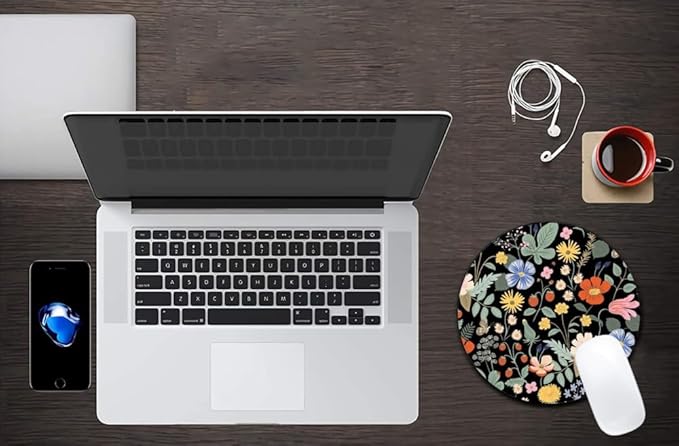 Whimsical Floral Pattern On Black Mouse Pad Round Non-Slip Rubber Mousepad Laptop Office Computer Decor Cute Desk Accessories Customized Design Mouse Pad