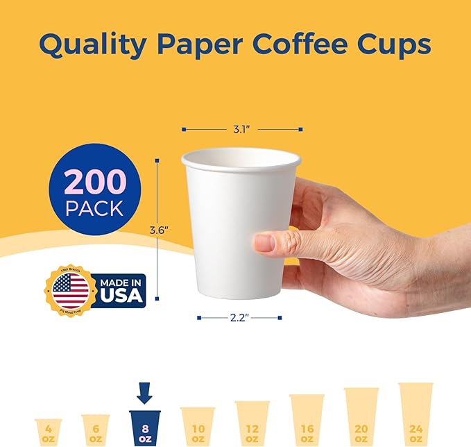 Fit Meal Prep 200 Pack 8 oz Disposable Paper Coffee Cups, Premium White Hot Cups for Hot/Cold Beverage, Durable Thickened Paper Cup Bulk for Party, Office, Bussines, Home, Bistros, Daily Use