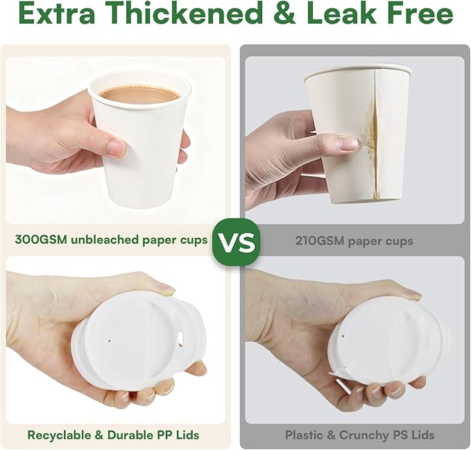 Disposable Coffee Cups with Lids & Sleeves 16 oz Paper Cups, 50 Pack To Go Hot Cups with Lids, BPA Free Thickened Leak Proof White Disposable Cups for Everyday Use Office Coffee Bar Supply Essentials
